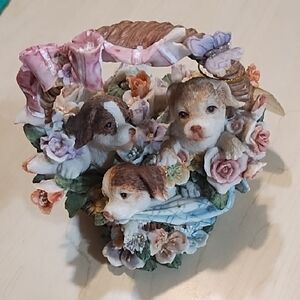 Vintage Floral Basket with Puppies Figurine Music Box EUC .